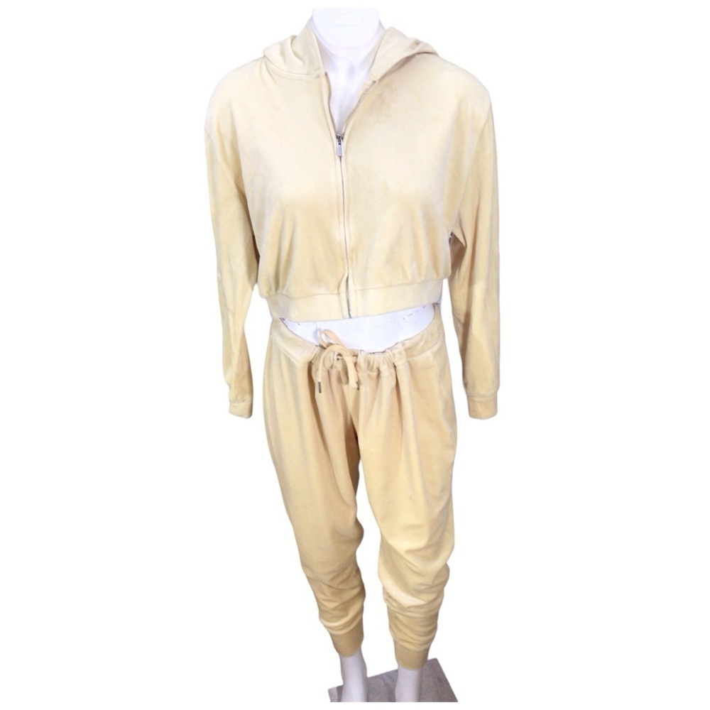2 Piece Yellow Crop Top Velour Track Suit EUC size Large
